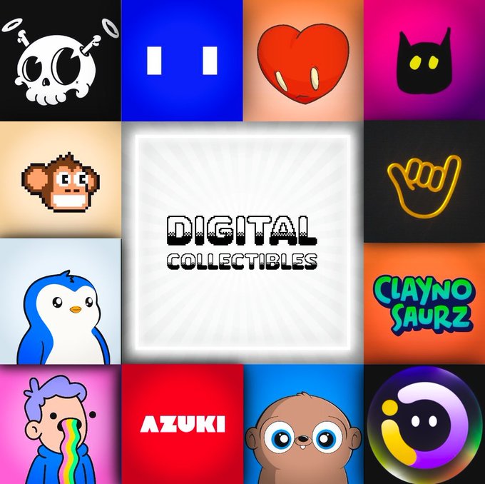 A grid showcasing various digital collectible NFT projects including 'CryptoPunks', 'Pudgy Penguins', 'Clayno Saurz', and 'Azuki' around a central 'DIGITAL COLLECTIBLES' logo.