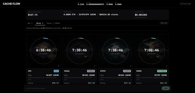 Cache Flow website interface displaying mining rig listings with countdown timers, cash prices, and 'Buy now' options.