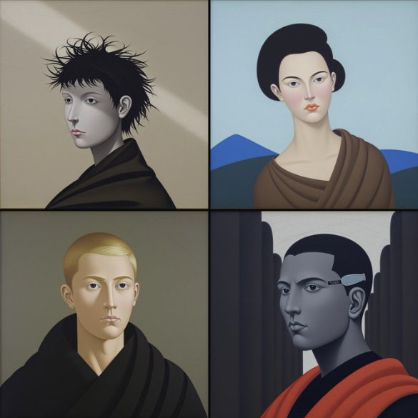 A four-panel illustration showing different portrait styles of characters in robes—one with spiky black hair, one with dark hair against a blue background, a blonde person, and a gray-skinned figure with a red sash.