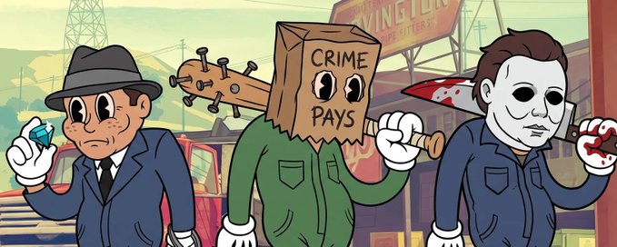 A cartoon illustration depicts three figures: a man in a suit with a diamond, a person wearing a brown paper bag labeled 'CRIME PAYS' holding a spiked bat, and a masked figure holding a bloody knife.