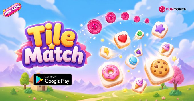 Promotional artwork for a mobile game titled "Tile Match" by FUNTN, showing various colorful tile icons like donuts and hearts, with a Google Play download button.
