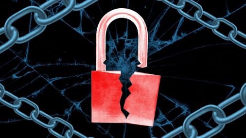 A red padlock shatters down the middle, surrounded by chains and cracked glass against a dark background, symbolizing the security breaches described in the post about three DeFi hacks totaling $35.5 million, including the AFX exploit on a USDC bridge valued at $24.15 million.