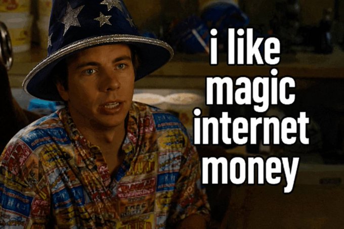 A meme featuring a man wearing a star-patterned wizard hat and a colorful shirt with the text 'i like magic internet money' overlaid on the right side.
