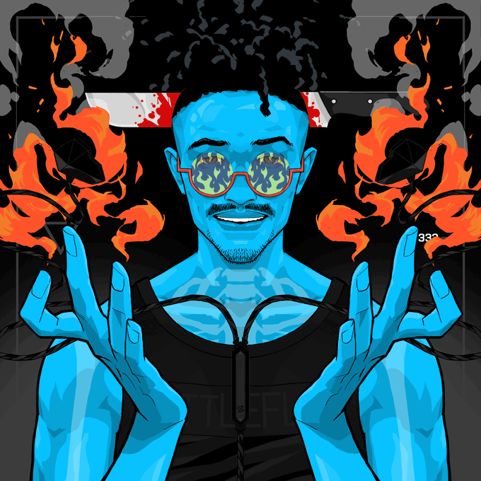 A vibrant digital artwork depicting a blue-skinned man with sunglasses reflecting flames, surrounded by orange fire and black smoke, wearing a black zip-up top.