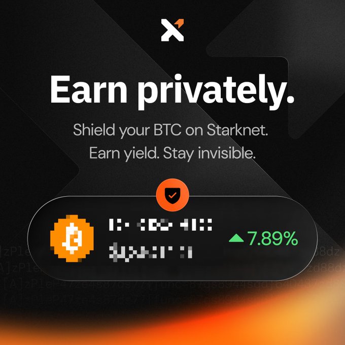 Promotional graphic for Xverse's privacy-focused BTC staking on Starknet, featuring the headline "Earn privately." with the subtext "Shield your BTC on Starknet. Earn yield. Stay invisible." alongside a stylized Bitcoin logo, a shielded yield display showing "7.89%", and a checkmark emphasizing secure staking.