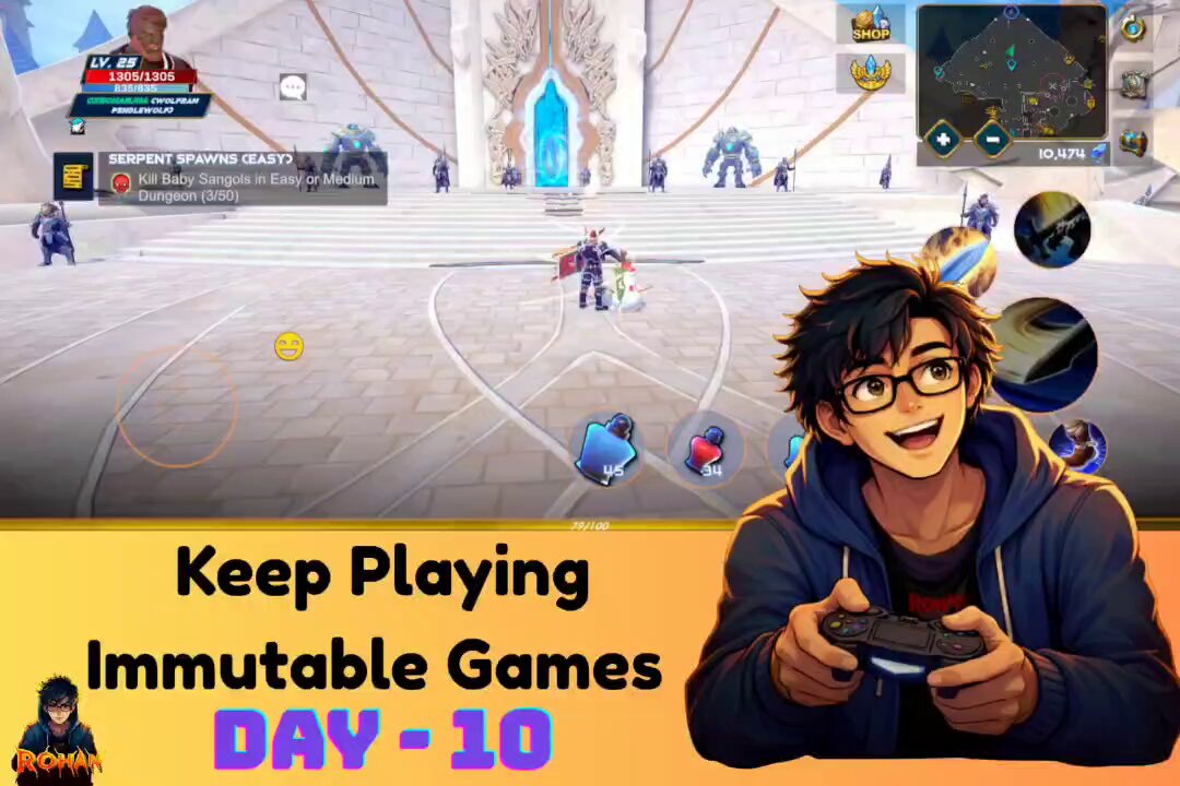The image features a man sitting down with a video game controller, smiling as he plays. The caption for the image reads "Keep playing Immutable Games Day - 10 Today", indicating that the photo was taken on day ten of Immutable Games Day. The image also includes text about the importance of keeping playing and updating about the game to improve it over time.