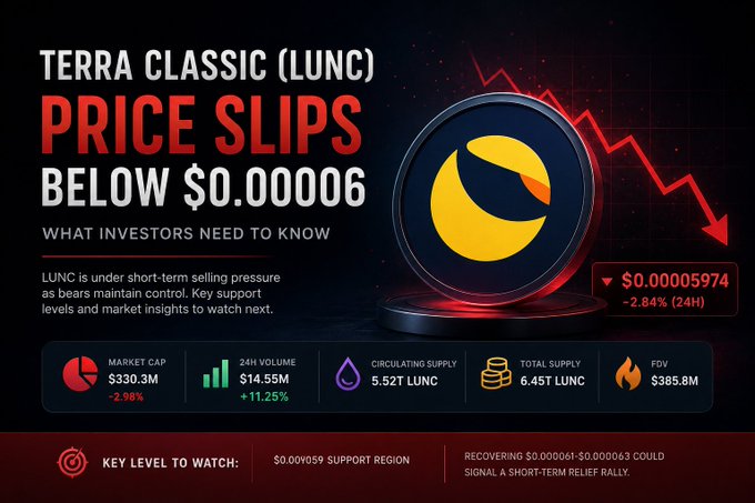 A crypto market graphic shows Terra Classic (LUNC) slipping to $0.00005974, down 2.84% in 24 hours, with a market cap of $330.3M and a highlighted $0.000059 support level to watch for a potential short-term relief rally.