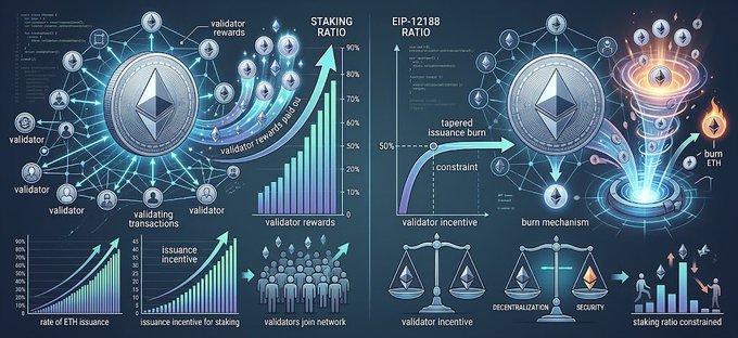 The infographic illustrates the relationship between validator staking ratios and ETH issuance, featuring charts of the staking ratio climbing toward 90%, ETH burn mechanisms, and validator reward distributions, alongside key labels like "STAKING RATIO," "EIP-12188 RATIO," "validator rewards," "issuance burn," and "burn ETH." While the post discusses EIP-12188's proposal to reduce historical block retention for storage relief, the image focuses on the economic dynamics of staking and tokenomics rather than storage reduction, suggesting a possible mismatch between the visual and the EIP's actual purpose.