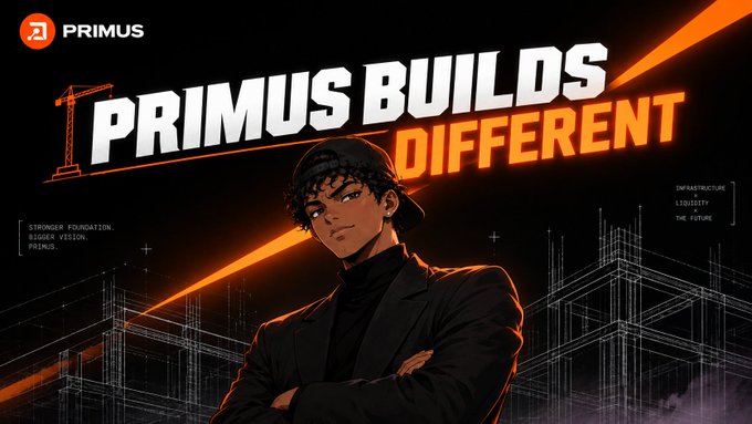 A promotional graphic with the text 'PRIMUS BUILDS DIFFERENT' shows a stylized character wearing a backwards cap and dark turtleneck, set against an architectural wireframe background with the 'PRIMUS' logo.