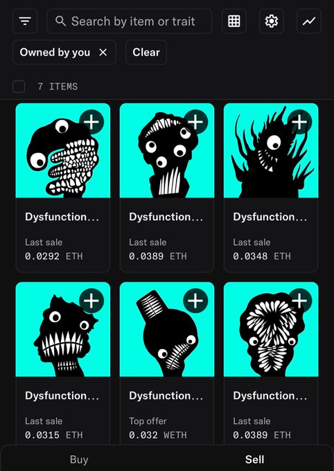 A screenshot of an NFT marketplace displaying 7 "Dysfunction..." items owned by the user, with last sale prices ranging from 0.0292 to 0.0389 ETH and one top offer of 0.032 WETH. The image illustrates the user's acquisition of Dysfunctional NFTs from the limited 333-piece collection mentioned in the post.