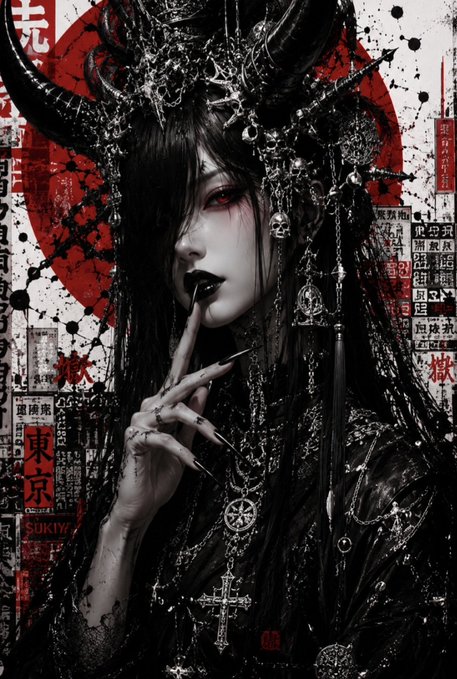 A dark, gothic-style digital artwork featuring a pale woman with horns, long black hair, red eyes, and black lips holding a finger to her mouth, set against a red sun and background text including 'TOKYO' and 'SHIKOKU'.