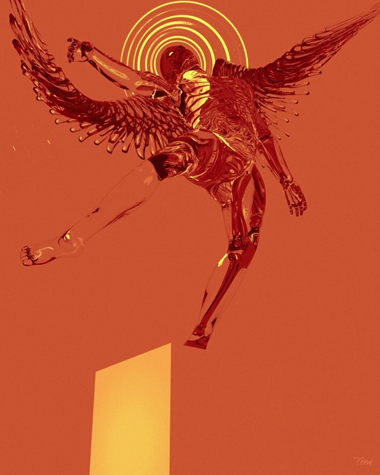 A stylized digital illustration depicts a winged, metallic-looking figure leaping dynamically against an orange background, with a yellow halo of concentric circles above and the name "7end" in the corner.