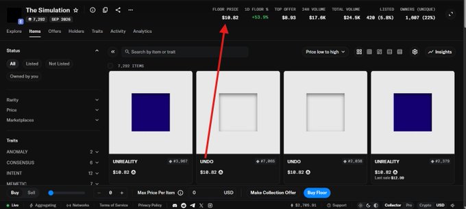 A screenshot of an NFT marketplace called 'The Simulation' shows items priced around $19.92, with a red arrow pointing to the 'FLOOR PRICE' metric.