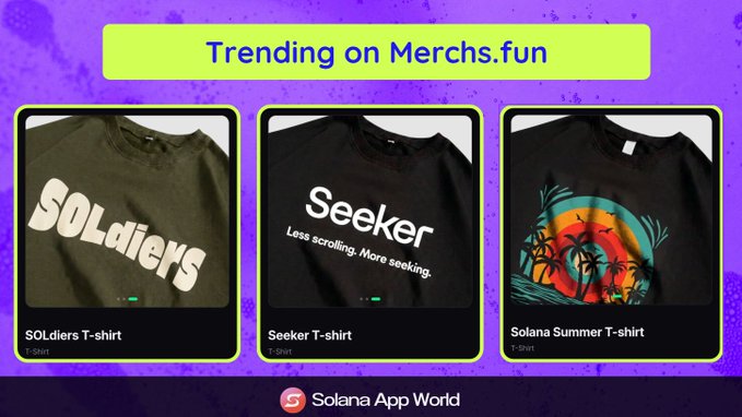 A promotional graphic titled 'Trending on Merchs.fun' displaying three t-shirts: 'SOLdiers T-shirt', 'Seeker Less scrolling. More seeking. T-shirt', and 'Solana Summer T-shirt' on a purple background, with a 'Solana App World' logo.
