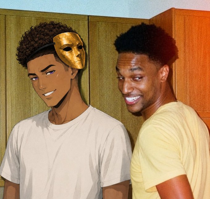 An animated character wearing a golden mask stands beside a smiling person in a yellow shirt, with both figures positioned against a wooden cabinet background. The image complements the post's motivational message about new beginnings and perseverance, with the golden mask symbolizing a fresh identity or transformation aligned with the "new day, new chances" theme.