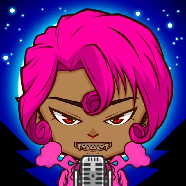 A cartoon-style avatar of a character with bright pink hair, red eyes, and fangs, wearing a pink outfit and holding a vintage microphone against a blue starry background.
