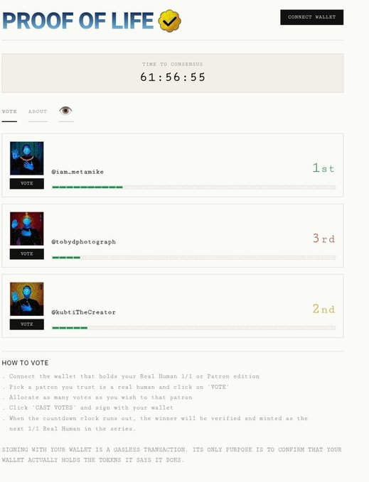 A 'Proof of Life' voting website showing a countdown timer of 61:56:55 and three candidates (iam_metamike in 1st, tobydphotograph in 3rd, kubiTheCreator in 2nd) for a Real Human NFT.