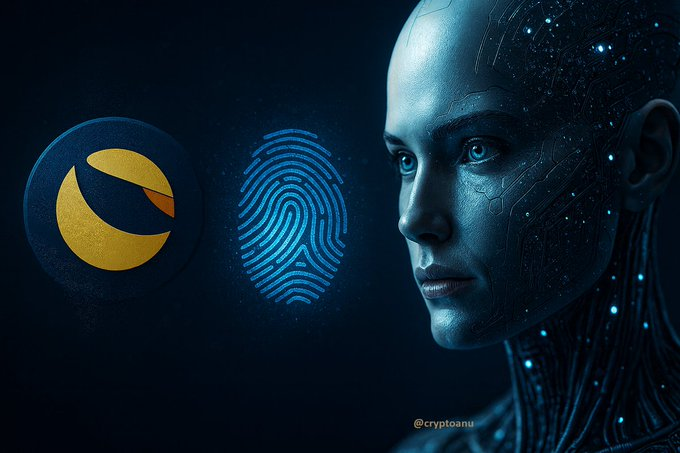 A futuristic humanoid face appears beside glowing cryptocurrency and biometric symbols, including a gold coin-like logo and a blue fingerprint; the watermark reads “@cryptoonu.”