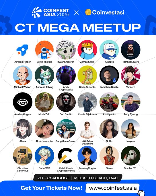 The image is a promotional graphic for the CT Mega Meetup at Coinfest Asia 2026, featuring a grid of profile pictures and names of 30 Indonesian crypto influencers and figures (including Airdrop Finder, Setya Mickala, Guar Emperor, Zamza Salim, Yunepto, Michael Wyanny, Andreas Tobing, Andy Cryptostocks, Kevin Susanto, Yonathan Dinata, Yanzero, Analisa Crypto, Mbah Zaid, Don Carlito, Kurnia Bijaksana, Andriyanto, Andy Tjoeng, Alana, Roschamomile, SangMemeQueen, Niki Sekar Dewayani, Soiilo, Inayma, Christian Victorious, SatyaXBT, Keluh Kesah Cryptocurrency, PejuangCrypto, Fierza, and Domba.ETH). The graphic advertises the event scheduled for August 20-21 at Melasti Beach, Bali, with a call to action directing viewers to coinfest