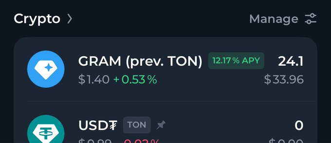 Crypto portfolio screen showing 'GRAM (prev. TON)' with 12.17% APY, priced at $1.40 (+0.53%), and 'USDT TON' tokens.