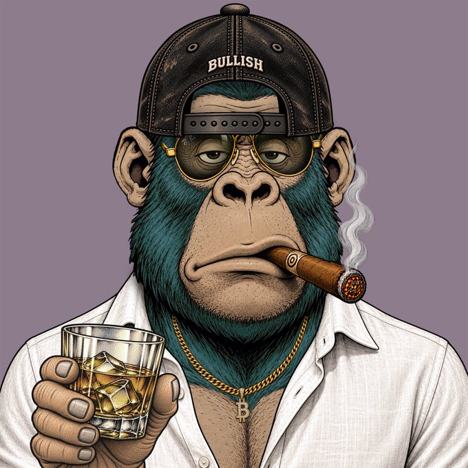 A digital illustration depicts a stylized blue-furred ape wearing a 'BULLISH' cap, gold-rimmed sunglasses, a white shirt, and a gold 'B' chain, smoking a cigar while holding a glass of whiskey.