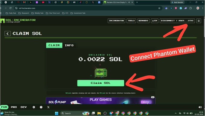 A screenshot of the sol-incinerator.com website showing a 'CLAIM SOL' page with 0.0022 SOL unclaimed, with red arrows pointing to connect wallet and claim buttons.
