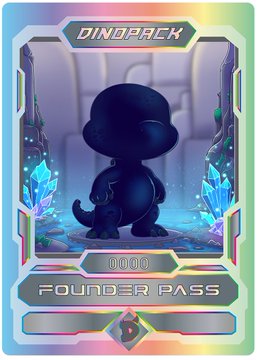 A holographic trading card features a black Funko Pop-style figure with a small dinosaur, labeled 'DINOPACK' at the top and 'FOUNDER PASS' at the bottom.