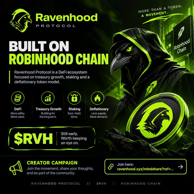Promotional graphic for Ravenhood Protocol, a DeFi ecosystem built on Robinhood Chain, featuring a hooded raven mascot and details about $RVH token, treasury growth, staking, and deflationary model.