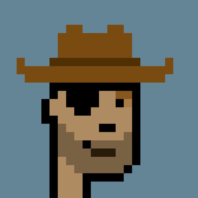 Pixel art portrait of a rugged man with stubble wearing a brown cowboy hat against a solid blue background.