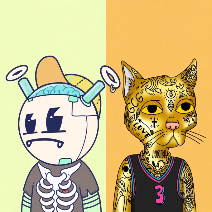 Two cartoon characters are shown side-by-side: on the left, a white round-headed character with tubes attached to its head, and on the right, a golden cat with 'GG', 'L0V3', 'B', and 'HODL' tattooed on its face and body, wearing a black jersey with the number '3'.