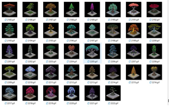 A grid showing 40 numbered GIF thumbnails (2185.gif to 2222.gif) of various stylized fantasy trees with different colored foliage and shapes.