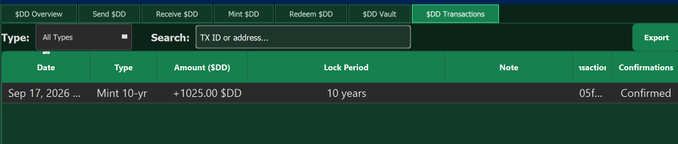 A crypto wallet interface showing $DD transactions tab with a confirmed mint transaction of +1025.00 $DD with a 10-year lock period dated Sep 17, 2026.