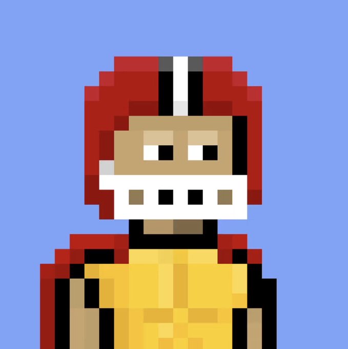 A pixel art image of a football player wearing a red helmet and a yellow jersey against a blue background.