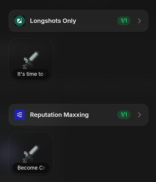 A dark-themed mobile app interface showing achievement progress bars including "Longshots Only 1/1" and "Reputation Maxxing 1/1".