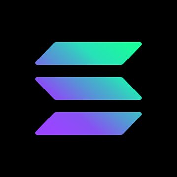The Solana logo is displayed against a black background, consisting of three stacked horizontal bars with a gradient transitioning from blue and green to purple.