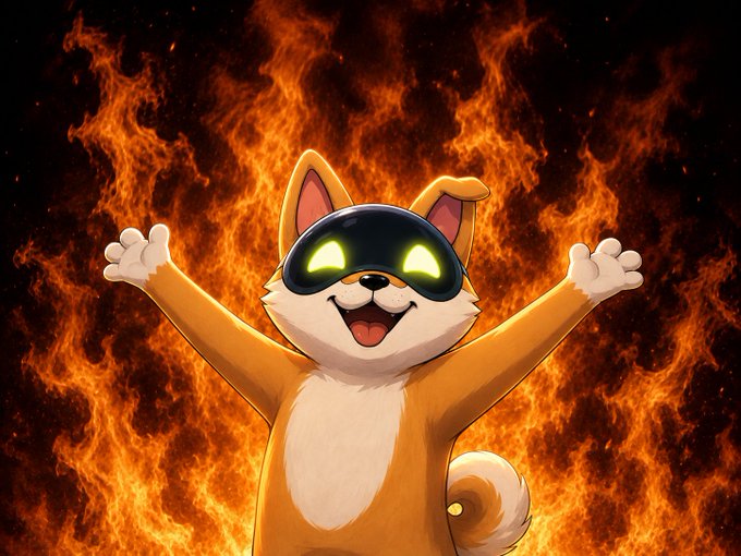 A digital illustration of an orange and white cat wearing a black mask with glowing green eyes stands triumphantly with raised arms against a dramatic fiery background.