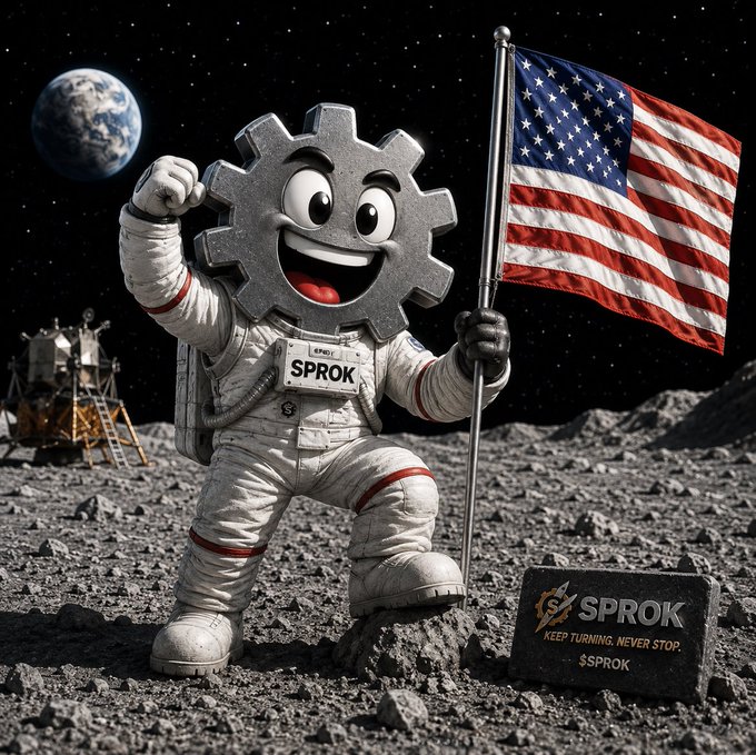 A 3D-rendered cartoon mascot character with a gear-shaped head wearing a spacesuit, holding an American flag on a lunar surface next to a plaque reading 'SPROK - KEEP TURNING, NEVER STOP. $SPROK', with the Earth and stars visible in space.