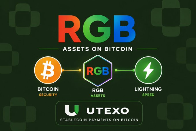 The image features a poster with three distinct colors - red, green, and blue. The poster displays the words "RGB" at the top, followed by an explanation of what RGB is and its relation to Bitcoin. Below this explanation, there are three circles representing different aspects of Bitcoin: "Bitcoin", "Lightning", and "Speed". These circles provide a visual representation of the various features and uses of Bitcoin within the Bitcoin ecosystem.