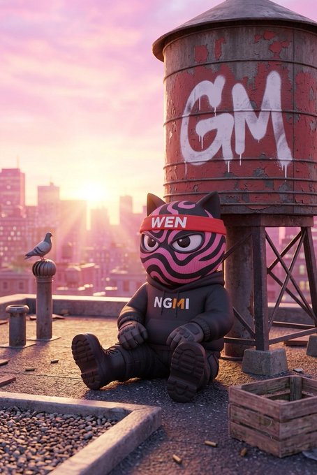 A 3D-rendered character in a black ninja-style outfit with 'WEN' on a red headband and 'NGMI' on the chest sits on a rooftop next to a red water tower marked 'GM' at sunset.