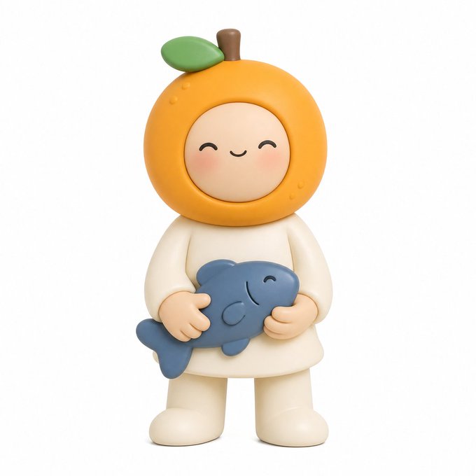 A 3D-rendered cartoon figurine wearing an orange head and body suit, smiling with closed eyes, holding a blue fish toy.