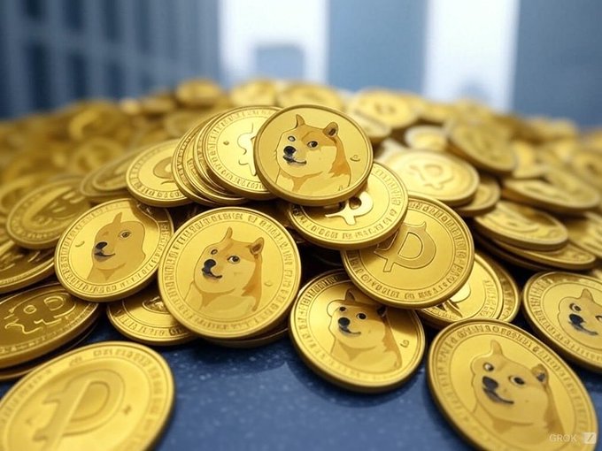 A pile of shiny gold coins featuring a Shiba Inu dog face design, resembling Dogecoin cryptocurrency, with a city skyline faintly visible in the background and 'GROK' watermark in the corner.