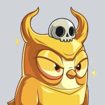 A cartoon illustration of a yellow/golden owl character with an angry expression, wearing a gray skull on top of its head with yellow sparkles around it.