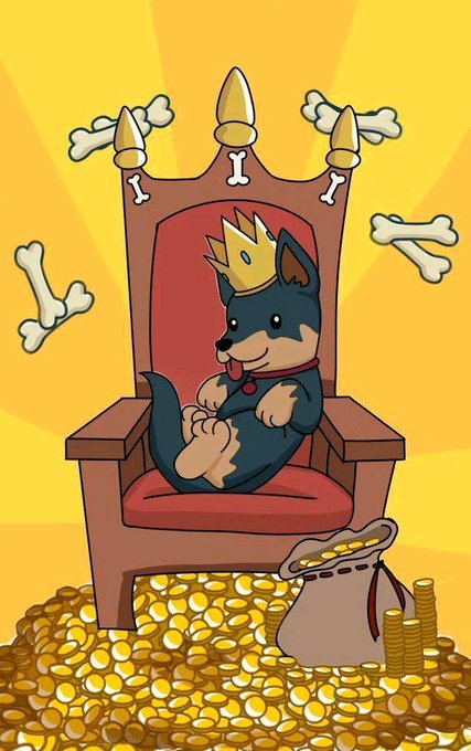 A cartoon black dog wearing a gold crown sits relaxed on a bone-adorned throne surrounded by piles of gold coins and a money bag, with the hashtags #DroverInu and #crypto visible in the accompanying promotional text urging viewers to buy into the meme coin project.