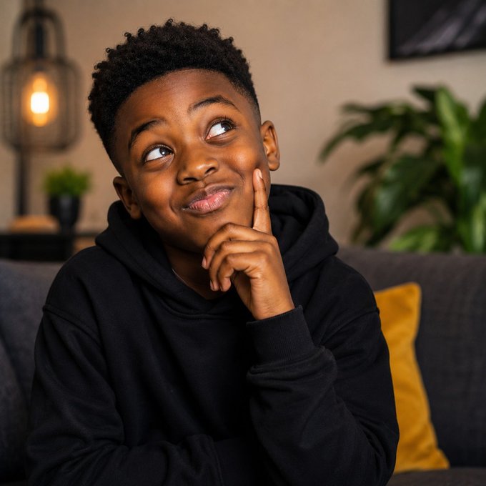 A young boy in a black hoodie sits on a couch, looking up thoughtfully with a slight smile, his hand resting on his chin.