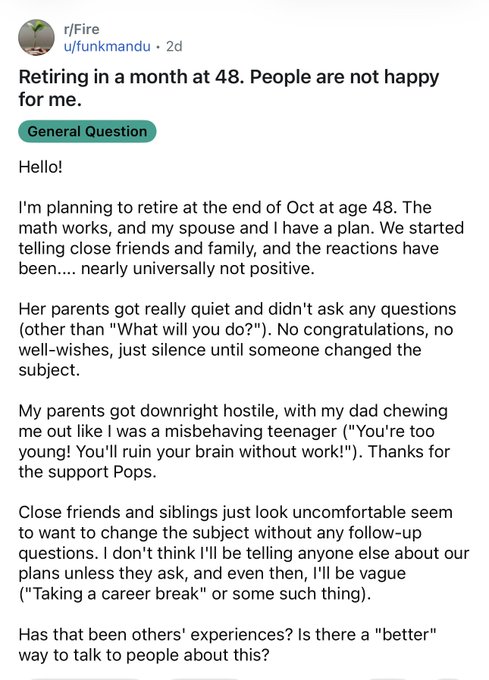 A Reddit post from r/Fire by user u/funkmandu about retiring at age 48 and receiving negative reactions from family and friends.