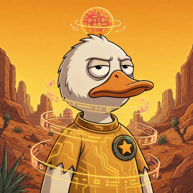 Cartoon illustration of a bored-looking duck wearing a yellow circuit-pattern shirt with a star emblem, standing in a desert landscape with a glowing holographic sphere above its head.