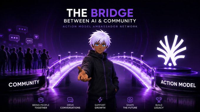 A promotional graphic titled "THE BRIDGE BETWEEN AI & COMMUNITY" featuring an anime-style character extending their hand across a glowing purple bridge connecting a "COMMUNITY" platform (with silhouetted figures and chat bubbles) and an "ACTION MODEL" platform (with a lightbulb icon), with five labeled benefits below: "Bring People Together," "Drive Conversations," "Support Growth," "Shape the Future," and "Build Legacy." The image visually reinforces the post's message about the early, often-overlooked contributors who built communities for emerging projects like Ethereum and Solana.