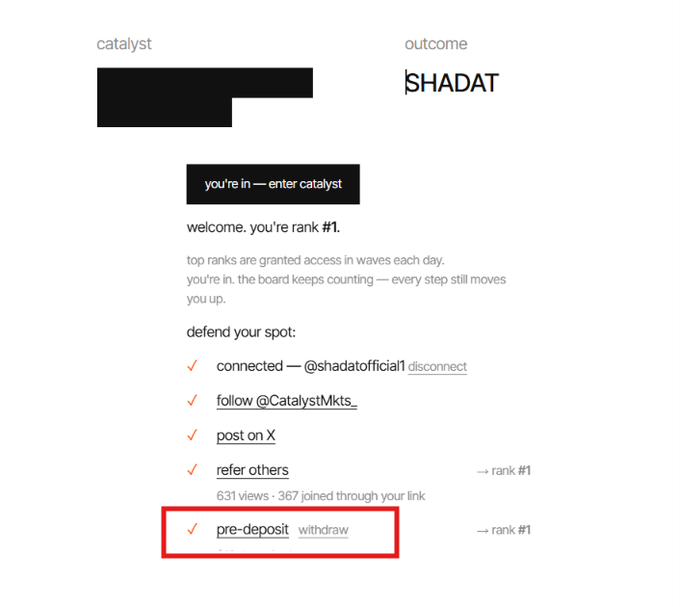 A webpage titled 'catalyst' with 'outcome SHADAT' showing a rank #1 welcome message and a checklist of tasks to defend the spot, with 'pre-deposit withdraw' highlighted in a red box.