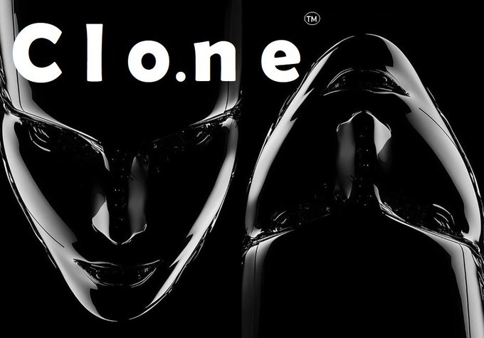 Black and white promotional image for "Clone™" featuring two metallic/reflective humanoid figures or masks.
