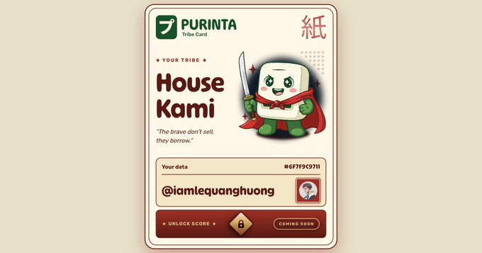 The image features a cartoon character dressed as a giant marshmallow with a sword, standing against a white background. Below this character, there's a sign that reads "House Kami" and includes a photo of the character. The text on the sign also mentions that the character is part of Purinta's meme collection and has been sorted into House Kami.